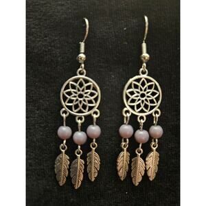 Antique silver and purple acrylic beaded dreamcatcher chandelier earrings